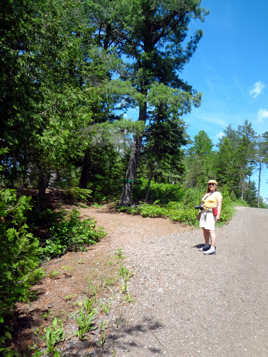 Karen Duquette at the top of the hill to the suspension bridge